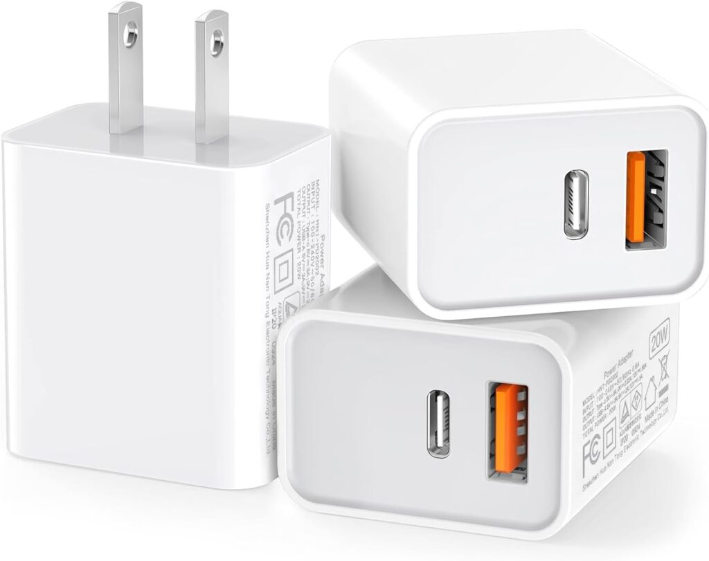 3 Pack USB C Wall Charger, 20W Durable Dual Port QC+PD 3.0 Power Adapter, Double Fast Plug Charging Block for iPhone 14/15/16/17 Pro/Pro Max/Plus, XS/XR/X, Watch Series 8/7 Cube,White