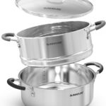 SUNHOUSE – 4.6 Quart Steamer Pots With Lid 2-Tier Multipurpose Stainless Steel Steaming Pot Cookware With Handle For Vegetable, Dumpling, Sauce, Food – Triple Bottom, Measurement Line