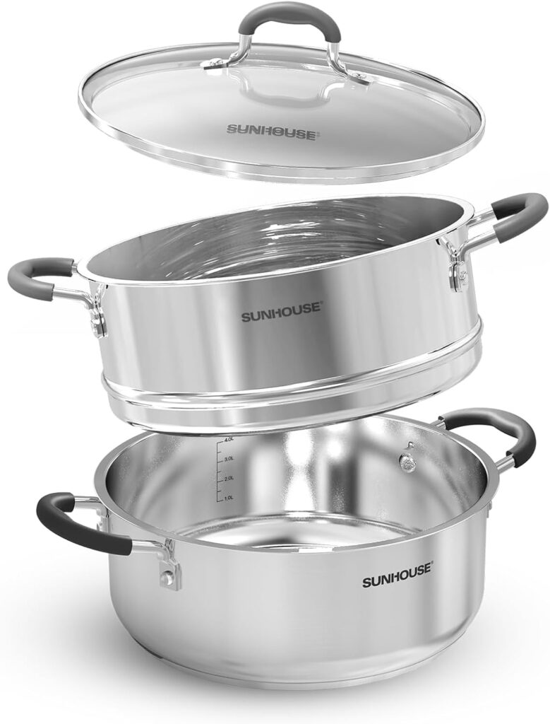 SUNHOUSE – 4.6 Quart Steamer Pots With Lid 2-Tier Multipurpose Stainless Steel Steaming Pot Cookware With Handle For Vegetable, Dumpling, Sauce, Food – Triple Bottom, Measurement Line
