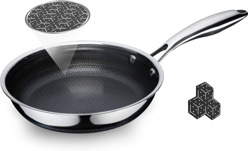 8″ Non Stick Frying Pans, Hybrid Ceramic Stainless Steel Pan, Skillet with Stay-Cool Handle, Non Toxic, PFAS PFOA PTFE Free, Dishwasher & Oven Safe, Induction, Compatible with All Cooktops