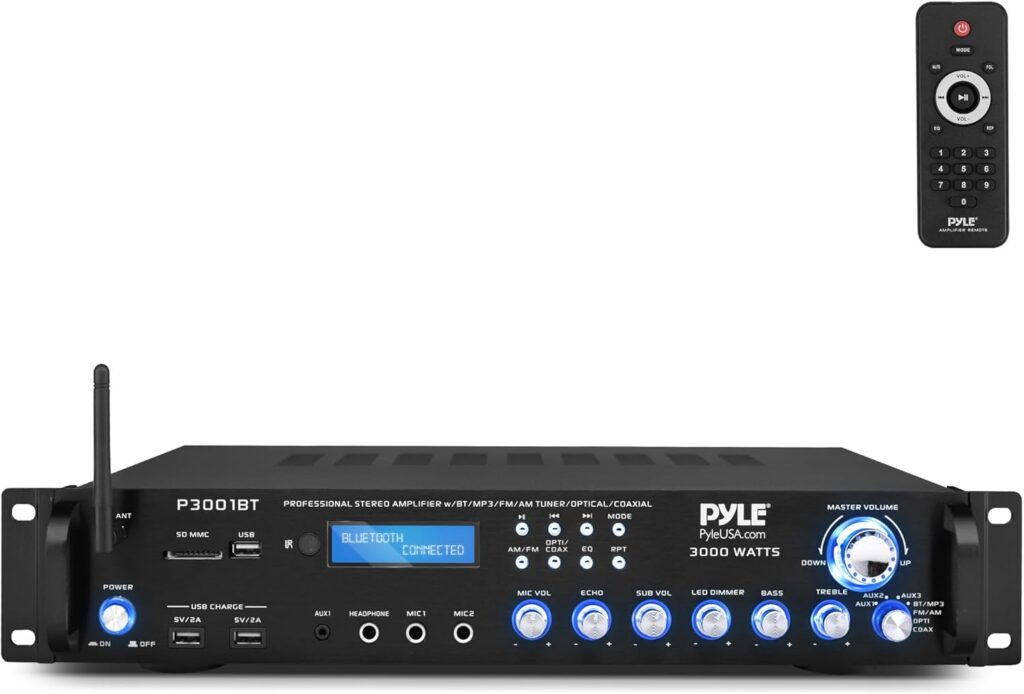 Pyle 3000W Multi-Channel Bluetooth 5.0 Wireless Streaming Power Amplifier – Rack Mount – Stereo Receiver w/ FM Radio – USB/SD – Dual Mic w/ Echo – RCA – Headphone – LED Display – Cooling Fan – P3001BT