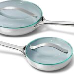 Caraway Ceramic Fry Pan Duo with Glass Lids – Non-Stick Frying Pans (10.5” & 8”) – Non Toxic, PTFE & PFOA Free – Oven Safe & Compatible with All Stovetops – Gray