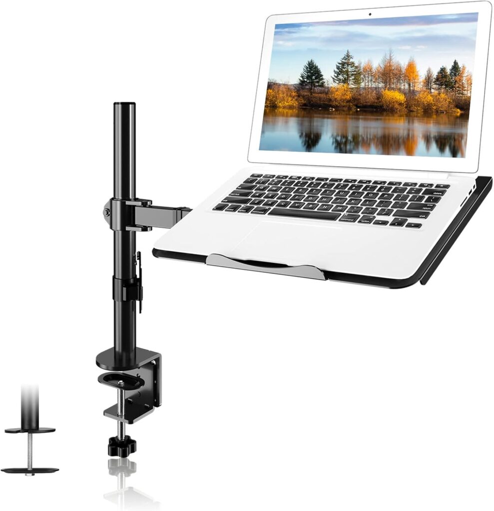 Suptek Single Laptop Notebook Desk Mount with Tray for 13-27 inch Computer Screen, Fully Adjustable Laptop Desk Arm for Notebook up to 17’’, Weight up to 15.6 lbs