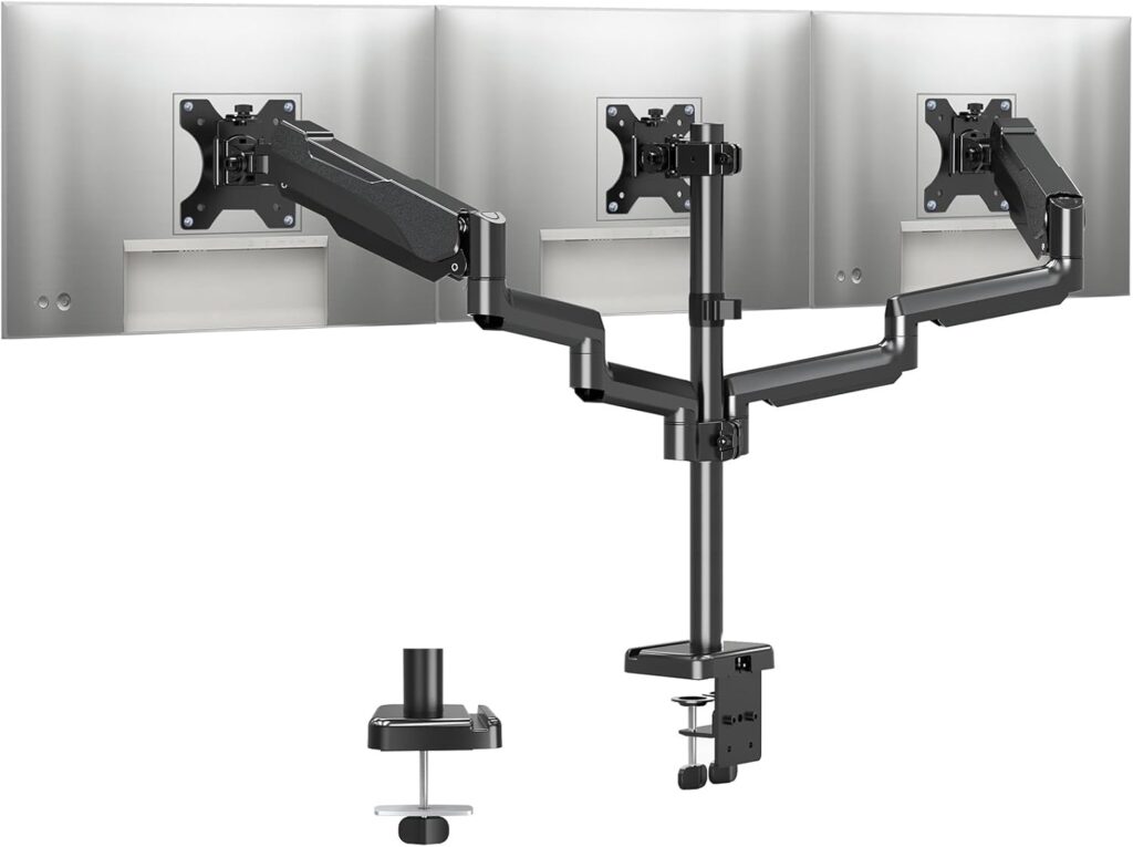 MOUNTUP Triple Monitor Stand Mount – 3 Monitors Desk Mount for Computer Screens Up to 27 inch, Triple Monitor Arm with Gas Spring, Heavy Duty Monitors Stand, Each Arm Holds 4.4-19.8 lbs, Black