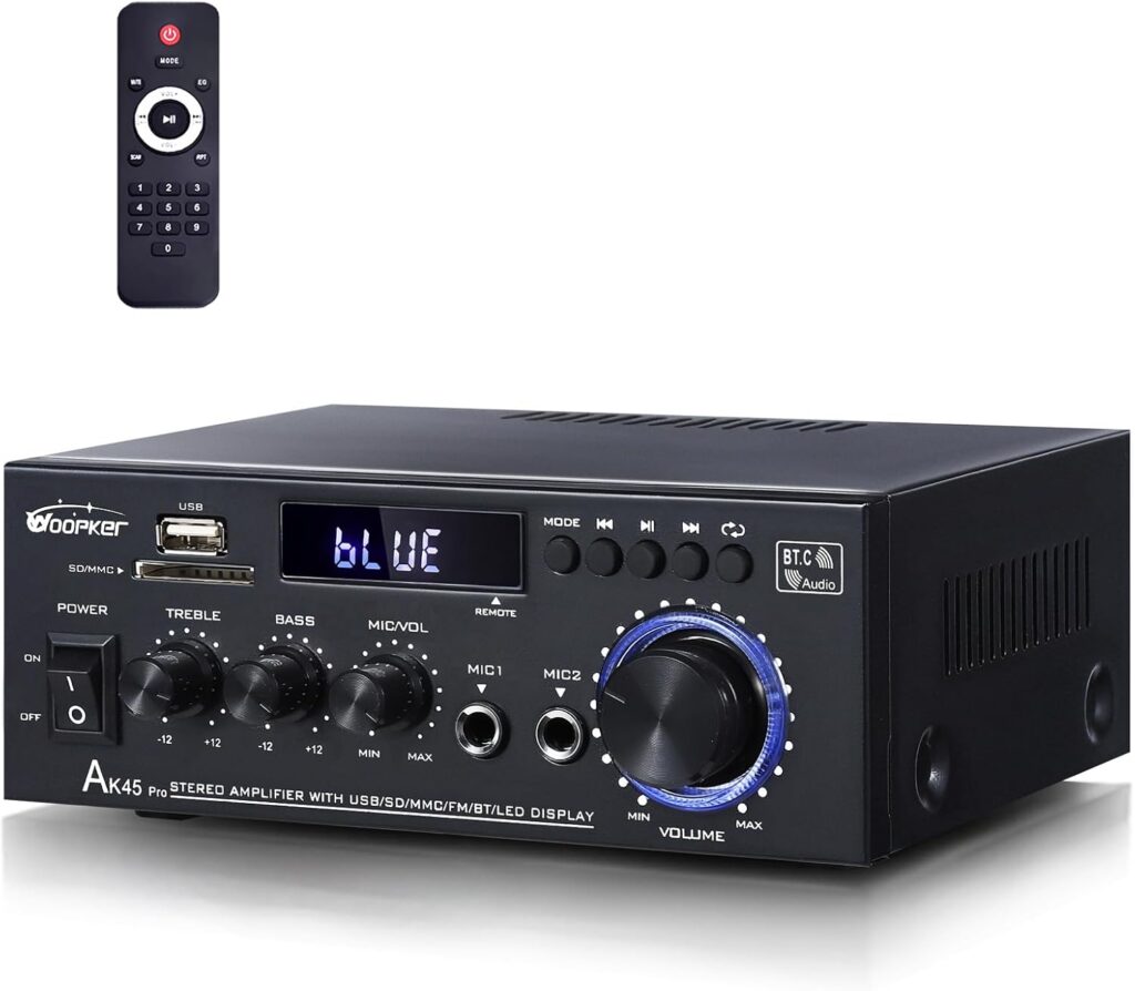 AK45Pro Stereo Receivers Amplifier Home Audio with Bluetooth 5.3, 400W,2.0 Channel Power Stereo Amplifier with USB,SD,RCA,FM,2MIC in for Home Theater Speakers,with Remote Control