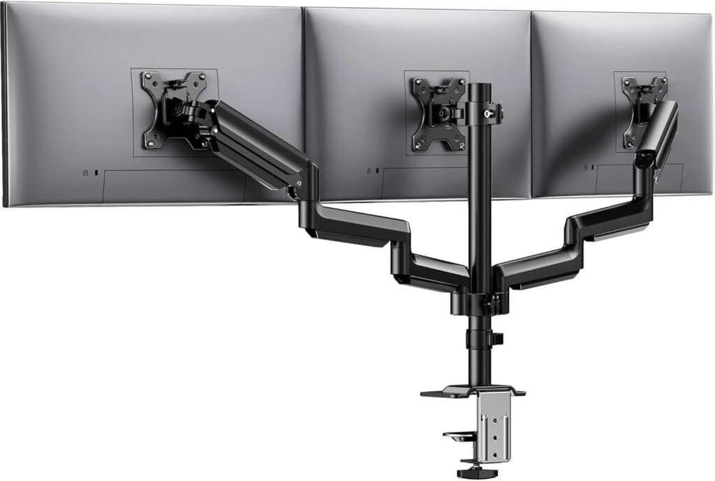 HUANUO Triple Monitor Mount for 13-27 inch Computer Screens, 3 Monitor Desk Mount with Arm Holds 17.6lbs, Triple Monitors Stand with Tilt, Swivel, Rotation, VESA 75×75, 100x100mm