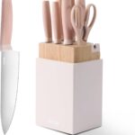 CAROTE 9 Pieces Kitchen Knife Block Set with Sharpener, Dishwasher Safe Knives for Kitchen, Forged Cutlery with Razor-Sharp Stainless Steel Blades, Pink