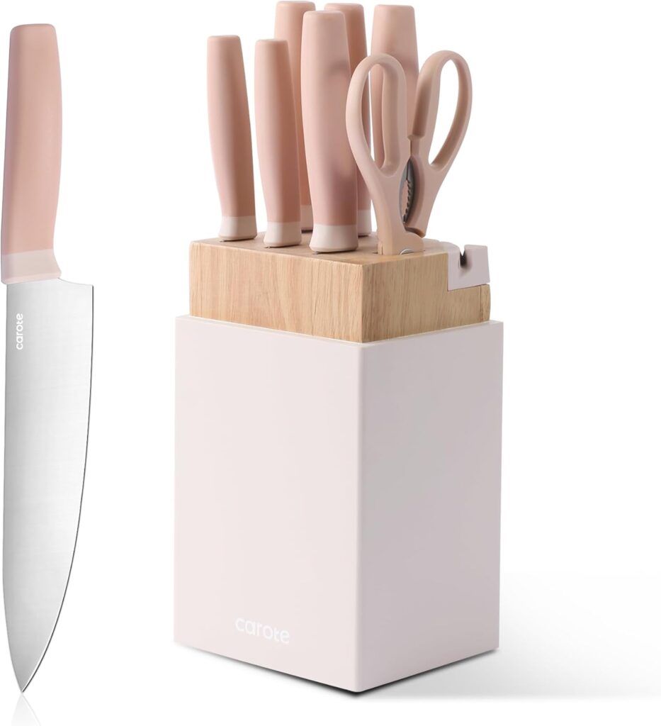 CAROTE 9 Pieces Kitchen Knife Block Set with Sharpener, Dishwasher Safe Knives for Kitchen, Forged Cutlery with Razor-Sharp Stainless Steel Blades, Pink