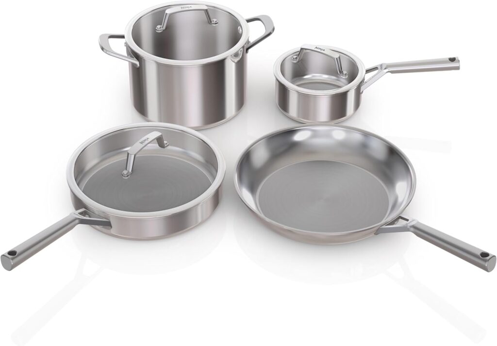 Ninja EverClad Stainless Steel Cookware 7 Piece Pots & Pans Set, Cookware Set, All Stovetops & Induction, Oven Safe to 600°F, Tri-Ply Commercial-Grade, C99007