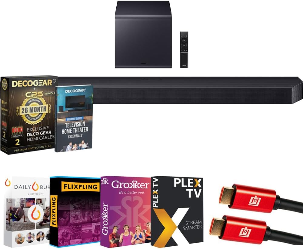 Samsung Q Series Soundbar HW-Q900F 7.1.2 ch Subwoofer (2025) Bundle with Premiere Movies Streaming, 2X HDMI Cable, CPS 26 Month Protection & Deco Gear Complete Home Theater Beginner’s Guidebook