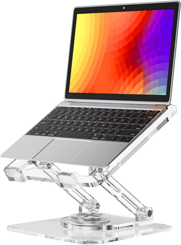 Laptop Stand for Desk – Adjustable, Foldable Clear Acrylic Riser with 360° Rotating Base, Ergonomic Laptop Holder for MacBook Pro/Air & 10-16” Notebooks