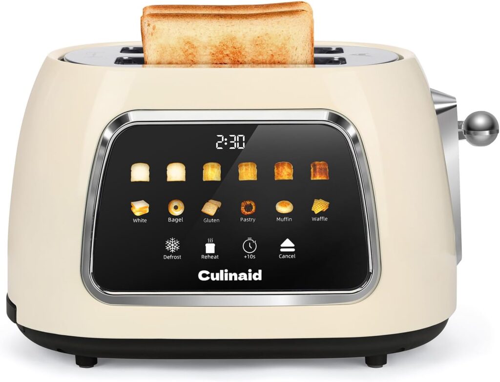 Toaster 2 Slice Smart Touch Screen, Retro 1.5” Extra Wide Slot Stainless Steel Digital Bread Toaster with Memory Function, Bagel, Defrost, 6 Browning Levels and Removable Crumb Tray, Cream