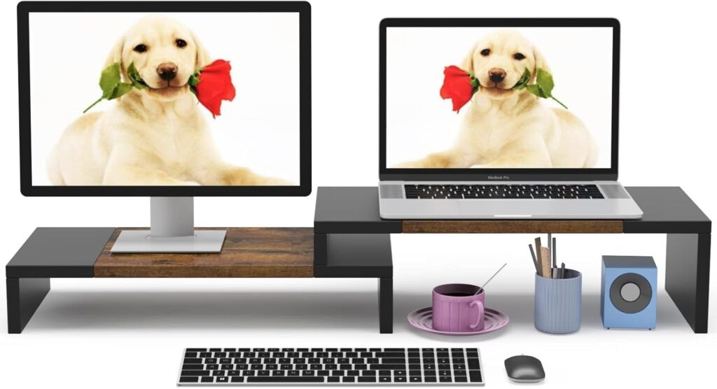 WESTREE Dual Monitor Stand – Riser 2 Shelf Computer with Adjustable Length and Angle, Stands for Monitors, Desktop Organizer PC, Computer, Laptop