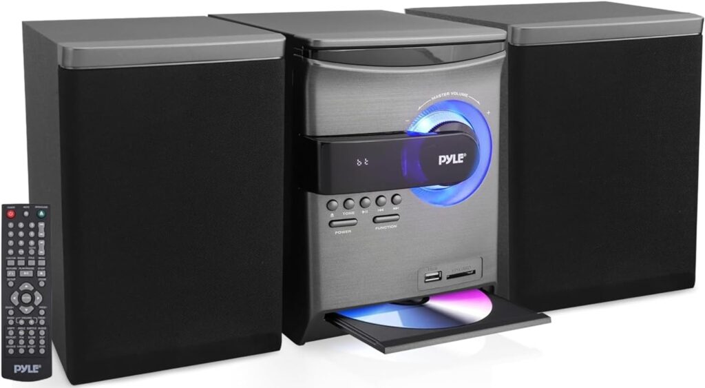 Pyle Home Stereo Shelf System – 30W Bluetooth CD Player with FM Radio, USB/SD Playback, Dual 2-Way Speakers, Remote Control, Clear Sound Audio System for Home Entertainment – (Black) PHSKR24