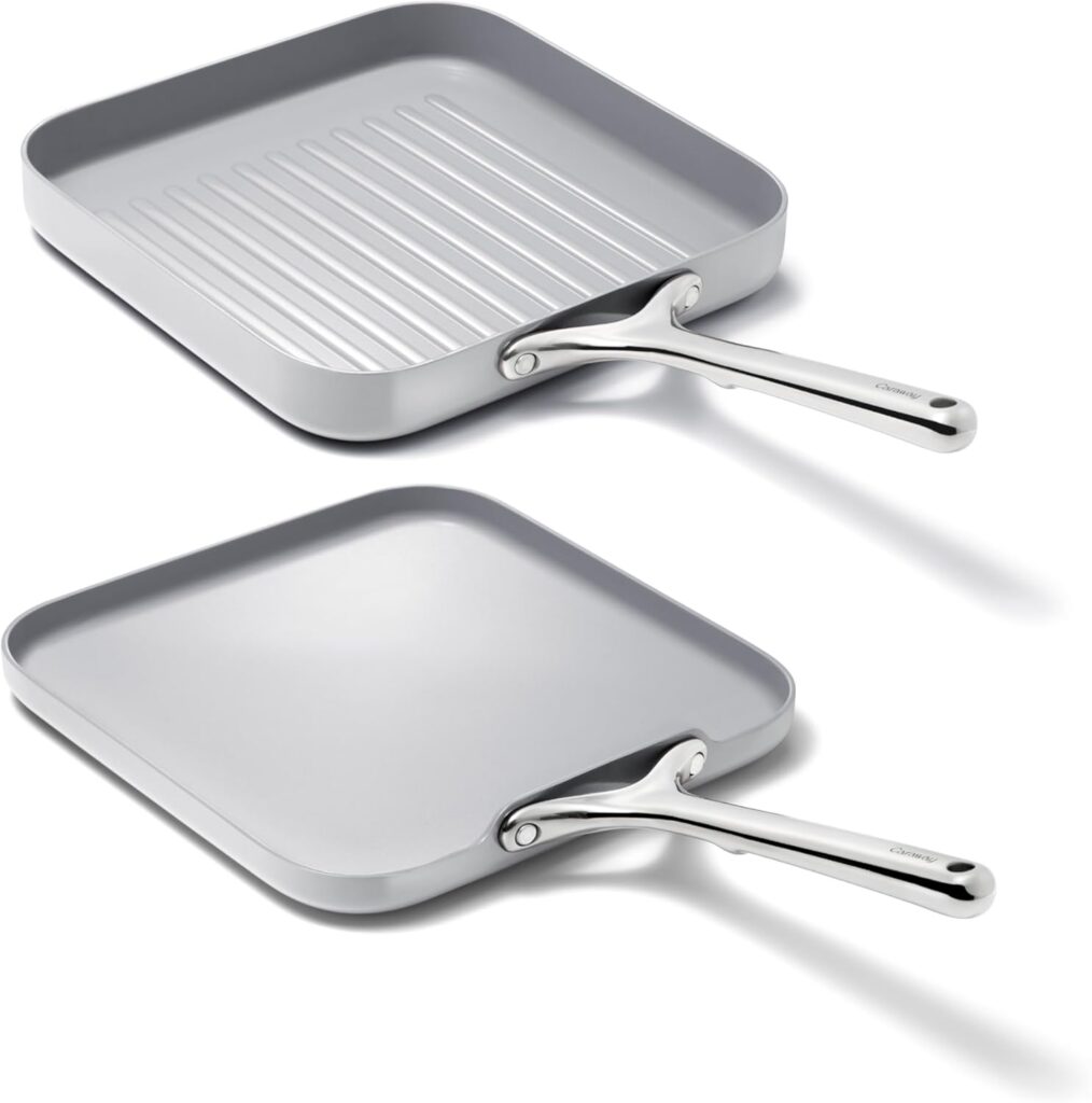 Caraway Griddle Pan & Grill Pan Duo – Non-Stick Ceramic Coated – Non Toxic, PTFE & PFOA Free – Oven Safe & Compatible with All Stovetops – Gray