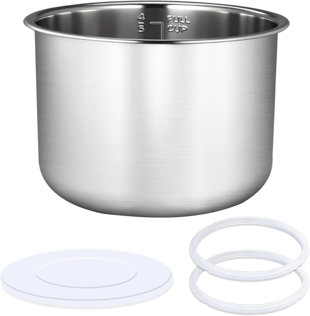 Stainless Steel Inner Pot 6 Qt, Compatible with Instant Pot 6 Quart Inner Pot Polished Surface 0 Coating, Non-Toxic, Includes 2 Sealing Rings 1 Sealing Caps, 3 year Warranty.