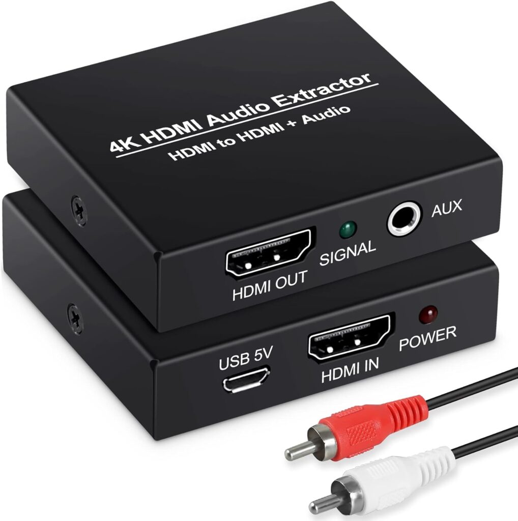 HDMI Audio Extractor Splitter, avedio Links 4K HDMI to HDMI Audio Adapter+Toslink SPDIF+Coaxial+3.5mm Stereo Analog, HDMI Audio Converter Compatible for Fire Stick, Blu-Ray Player (4K-with RCA Cable)