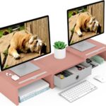 WESTREE Dual 3 Shelf Computer Riser with Drawer, Adjustable Length and Angle, Desktop 2 Monitor Stand Storage Organizer