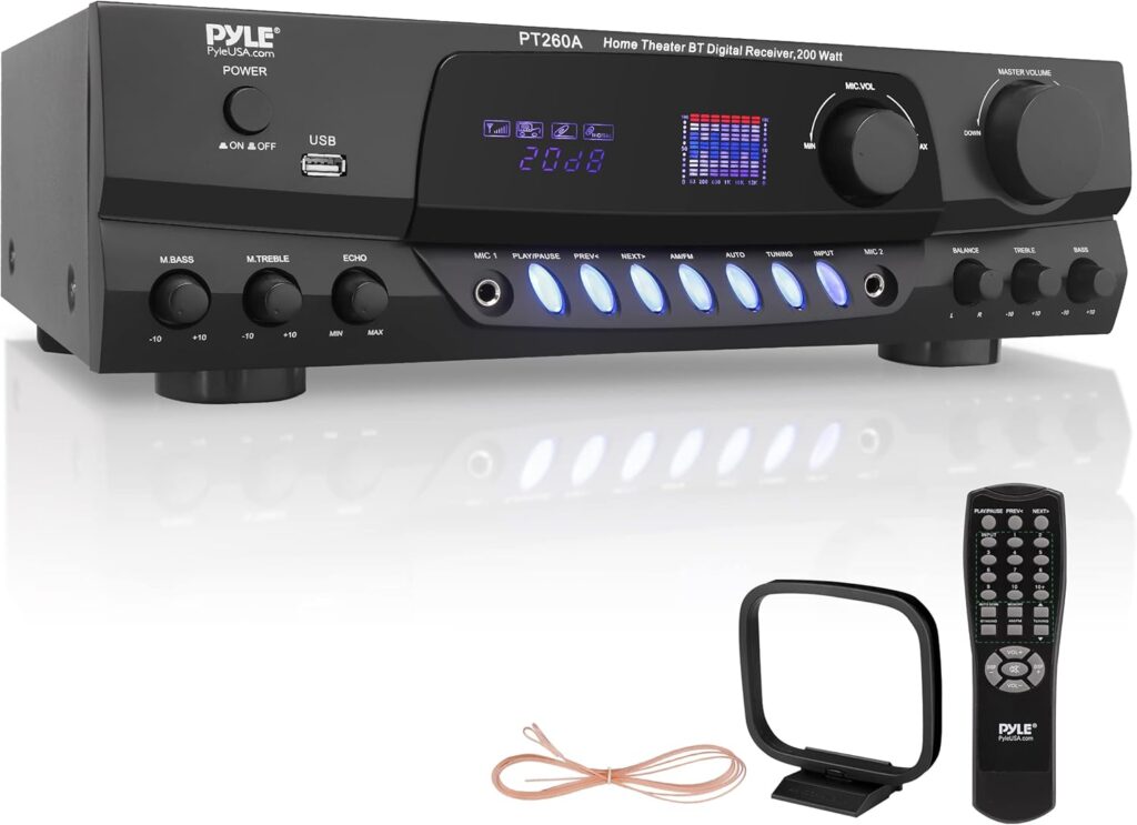 Pyle 200W Home Audio Power Amplifier – Stereo Receiver with AM/FM Tuner – 2 Mic Inputs with Echo – Digital Display – EQ Controls – Remote Control – Ideal for Karaoke & Home Entertainment – PT260A