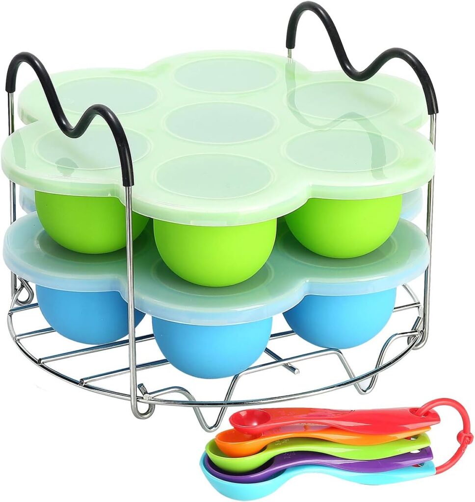 Silicone Egg Bites Molds for Instant Pot Accessories 6 Qt 8 Qt, Including Steamer Rack Trivet with Heat Resistant Handles, 5-Piece Measuring Spoons as Bonus, Sous Vide Egg Poacher