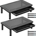 BONTEC 2 Pack Adjustable Monitor Stand Riser with Drawer, Ergonomic Mesh Platform Computer Monitor Stand for Desk, Ventilated Laptop and PC Stand with Cable Management, Supports up to 44lbs