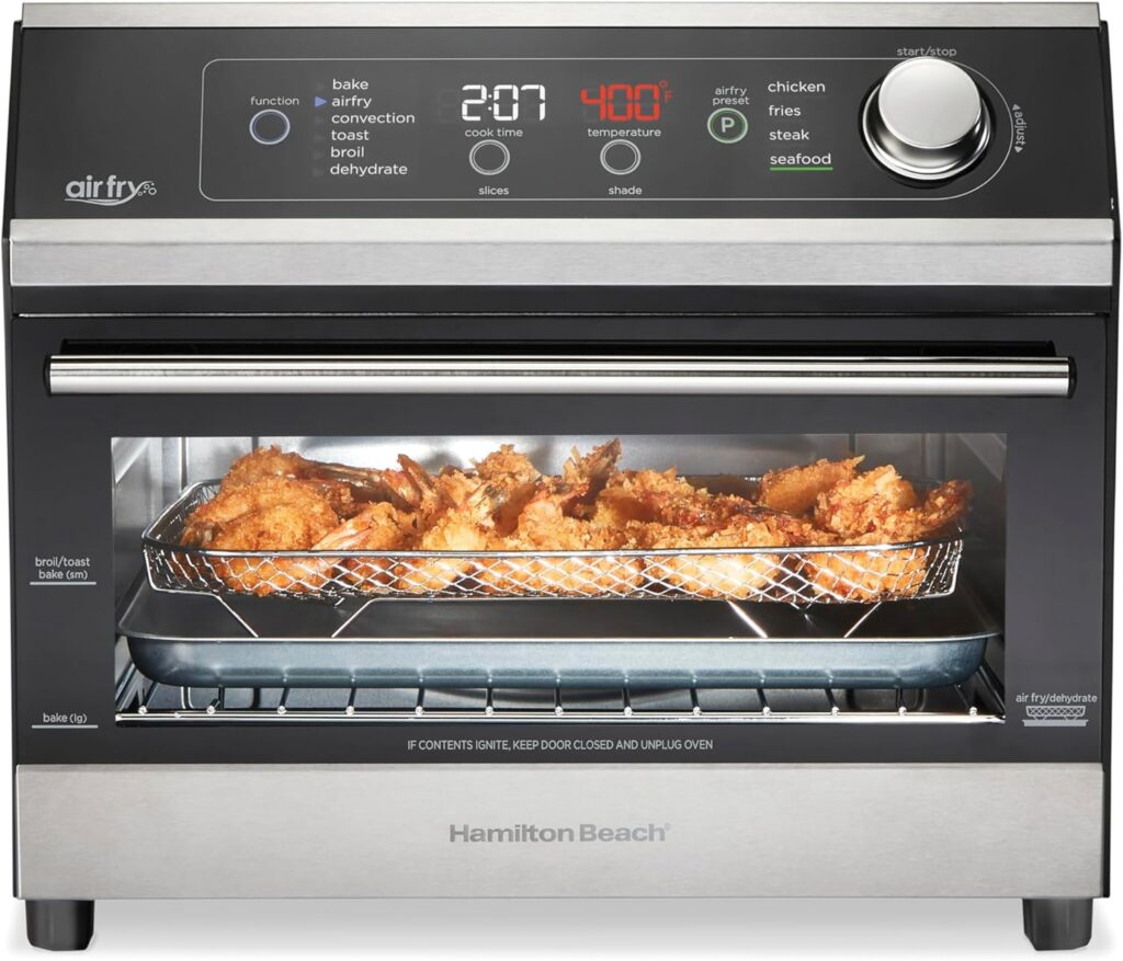Hamilton Beach Digital Air Fryer Toaster Oven Combo, 10 Ways to Cook, 4 Preset Functions, Stay On & 1800 Watts, LED Capacitive-Touch Controls, 2 Rack Positions, Fits 12” Pizza, Black & Stainless Steel