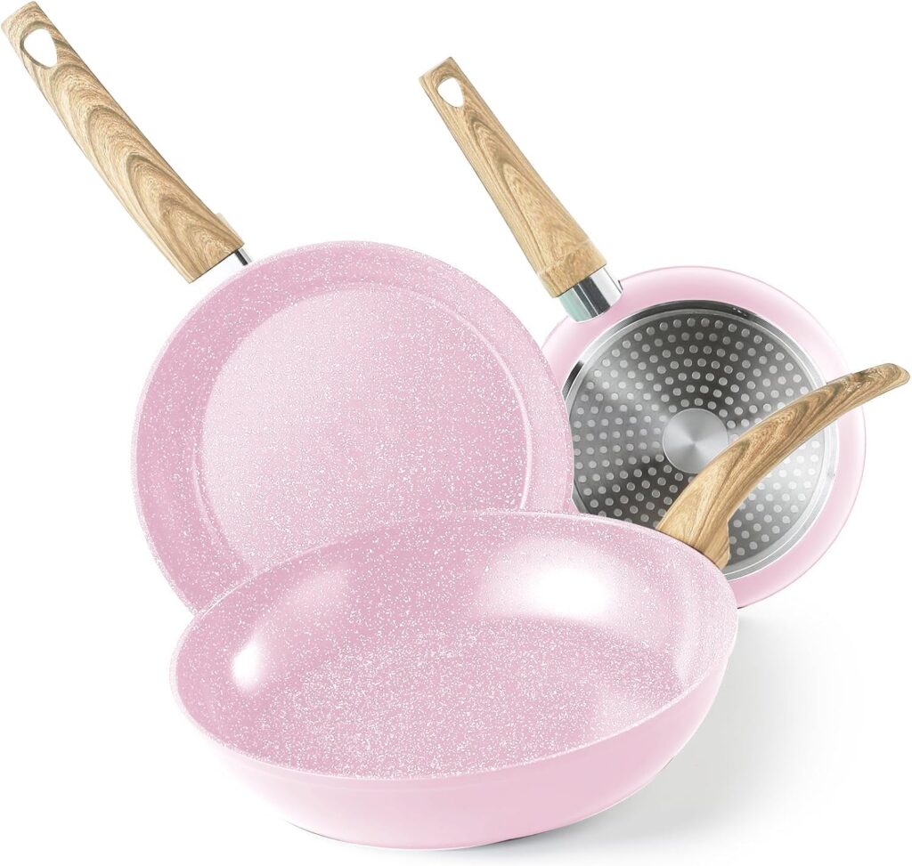 Non Stick Frying Pan Skillet Set, 8″ 9.5″ 11″ Nonstick Pans Set Induction Ceramic Cookware Set with Granite Pattern Omelet Pans, Chef’s Pan, Pale Pink