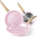 Non Stick Frying Pan Skillet Set, 8″ 9.5″ 11″ Nonstick Pans Set Induction Ceramic Cookware Set with Granite Pattern Omelet Pans, Chef’s Pan, Pale Pink