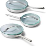 Caraway Ceramic Nonstick Fry Pan Set with Glass Lids – Includes Two 10.5” Fry Pans, One 8” Fry Pan, & Three Lids – Non Toxic, PTFE & PFOA Free – Oven Safe & Compatible with All Stovetops – Gray