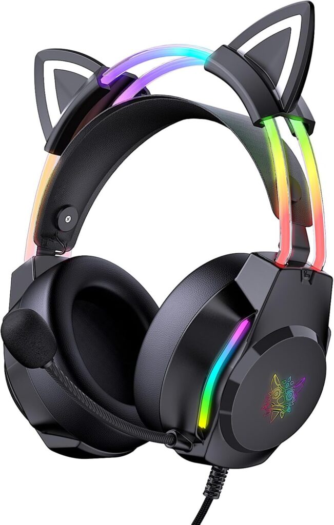 Gaming Headset with Microphone, Cat Ear Headphones for PC Laptop PS4 PS5 Xbox Switch, Rainbow RGB Lighting & Virtual Surround Sound, 3.5mm Wired Over Ear Headphones, Ergonomic