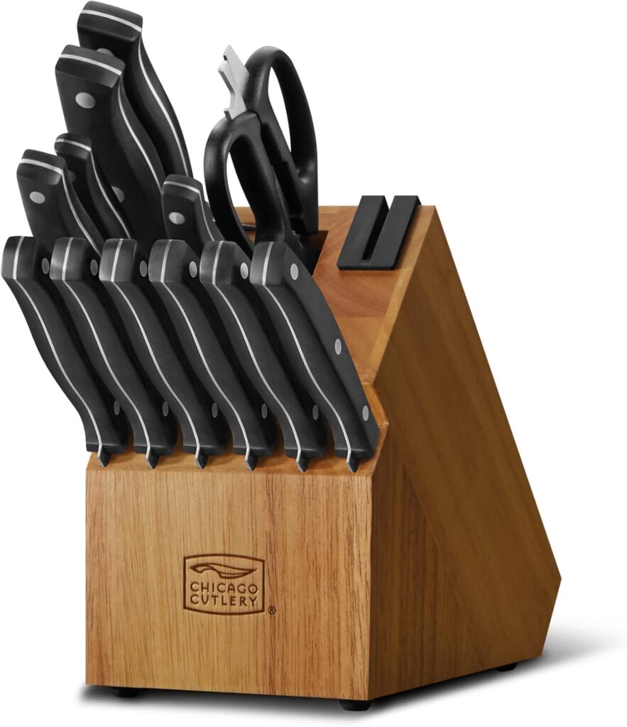 Chicago Cutlery Ellsworth (13-PC) Kitchen Knife Block Set With Wooden Block & Built-In Sharpener, Ergonomic Handles and Stainless Steel Professional Chef Knife Set & Scissors With Bottle Opener