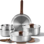 CAROTE 13pcs Tri-Ply Stainless Steel Cookware Set with Detachable Handle, Pots and Pans Set, Induction Kitchen Cooking Sets, RV/Camping Cookware, Oven Safe, Woodgrain Style
