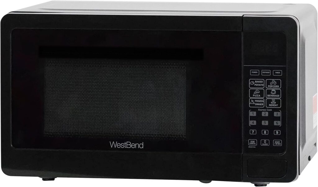West Bend Microwave Oven 700-Watts Compact with 6 Pre-Set Cooking Settings, Speed Defrost, Electronic Control Panel and Glass Turntable, 0.7 Cu.Ft., Black
