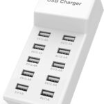 USB Charger Station Block with Rapid Charging Auto Detect Technology Safety Guaranteed 10-Port Family-Sized Smart USB Ports for Multiple Devices Smart Phone Tablet Headphones
