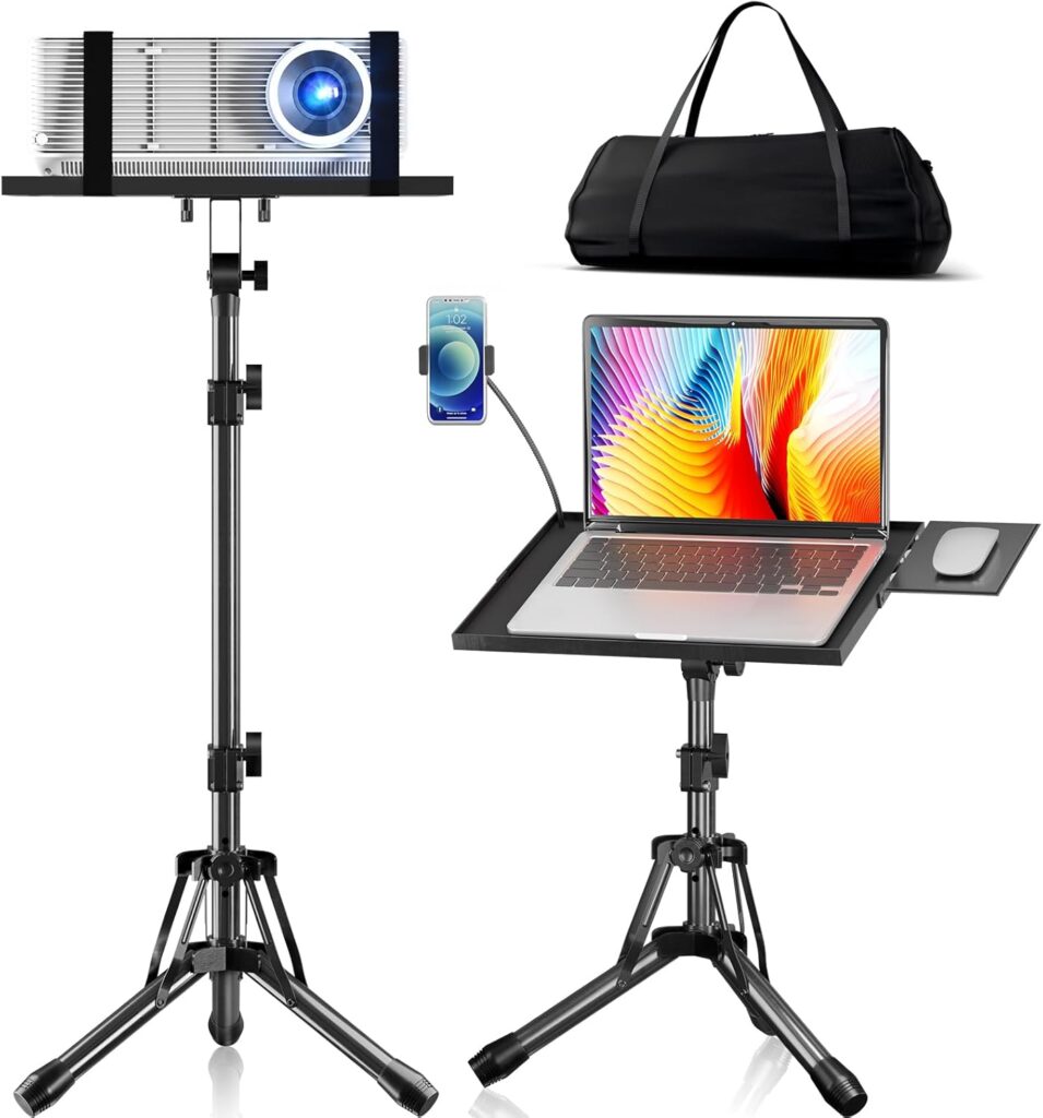 Projector Stand Adjustable Height 20″ to 61″, Foldable Projector Tripod Stand with Mouse Tray & Phone Holder, Portable Laptop Floor Stand for Office Home Stage Studio DJ Racks Podium Stand