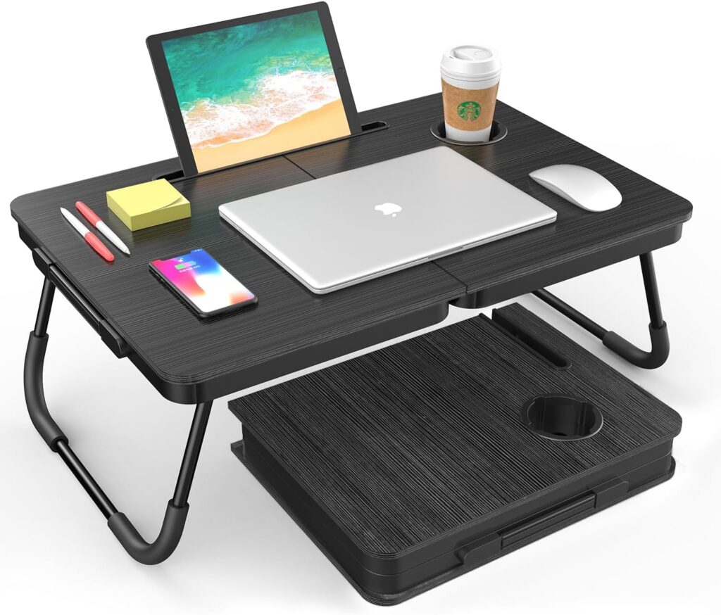 BUYIFY Portable Foldable Laptop Desk for Bed and Couch, Adjustable Lap Desk with Cup Holder and Phone Holder, Ideal for Working, Reading, Writing, and Breakfast (Black)