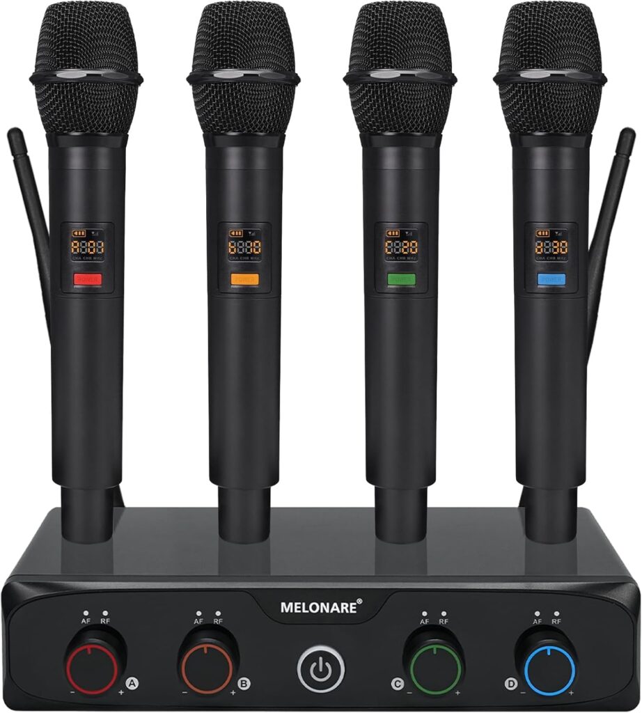 4-Channel Wireless Microphone System, UHF Compact Cordless Mic Set w/ 4×10 Frequencies, 200ft Range, Dynamic Handheld Microphone for Singing, Karaoke, Church, DJ, Wedding (MWM-41-4H)