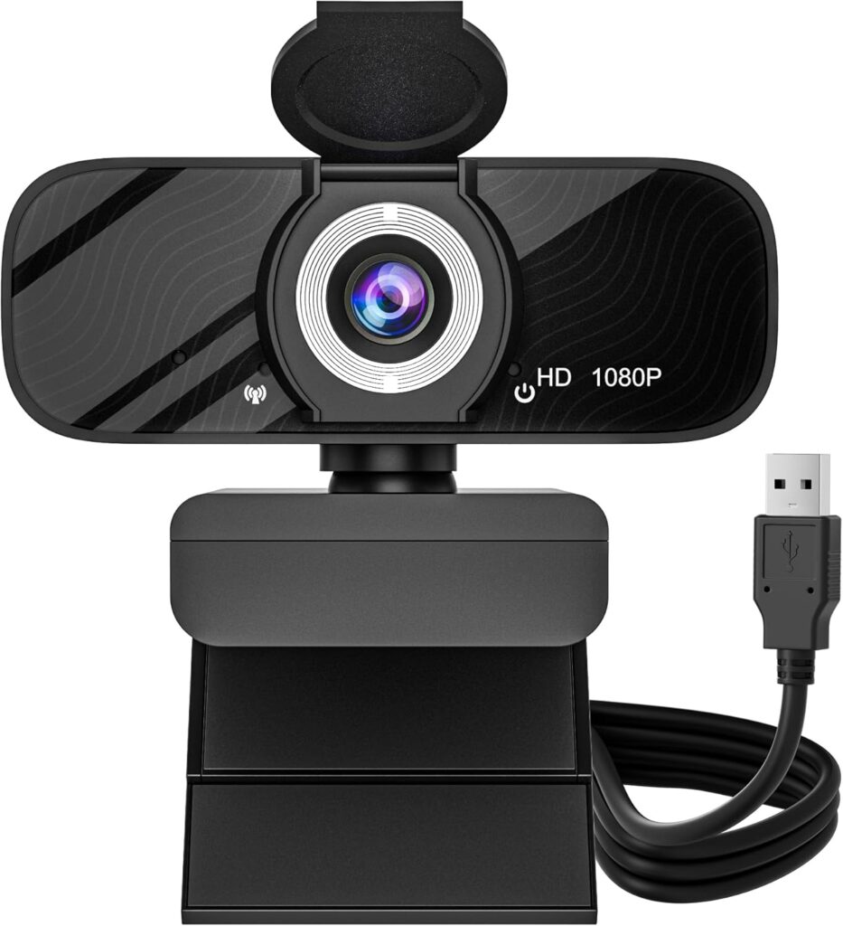 USB HD Webcam with Built-in Microphone and Rotatable Tripod, 1080P Video, Wide Angle Camera, Privacy Cover, for Desktop PC or Laptop Computer – 3(Black)