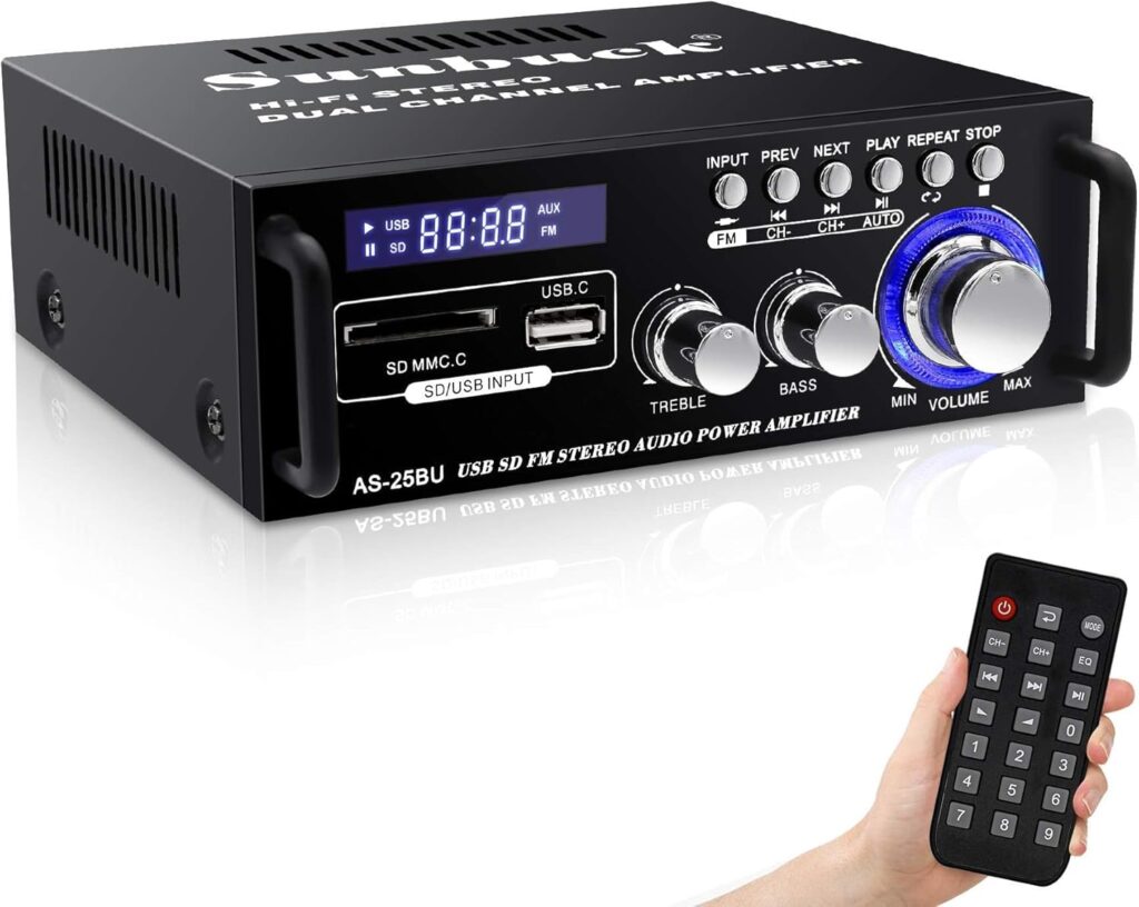 Sunbuck Small Stereo Amplifier, Stereo Receiver with Bluetooth, Optical/Coaxial Jacks for TV/CD/DVD/LP/PC, Support 192kHz Audio, Max 300Wx2 Power, Home Audio System, Receiver for Speakers, AS-25BU