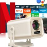 [1200 ANSI/Smart TV OS/Built-in APPs/Auto Focus&Keystone] 2025 Upgraded AI 4K Projector with WiFi and Bluetooth, Native1080P Outdoor Proyector with Netflix/YouTube/PrimeVideo, 270°Stand 300″ Display
