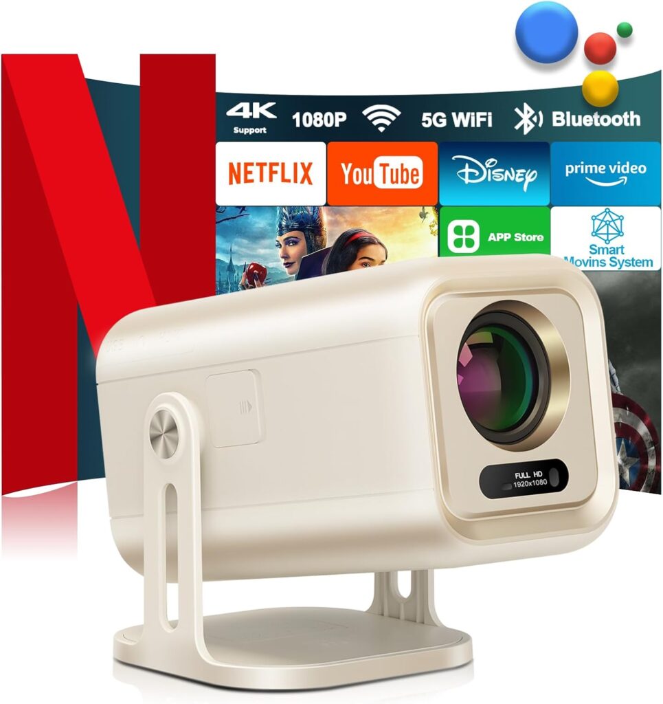 [1200 ANSI/Smart TV OS/Built-in APPs/Auto Focus&Keystone] 2025 Upgraded AI 4K Projector with WiFi and Bluetooth, Native1080P Outdoor Proyector with Netflix/YouTube/PrimeVideo, 270°Stand 300″ Display