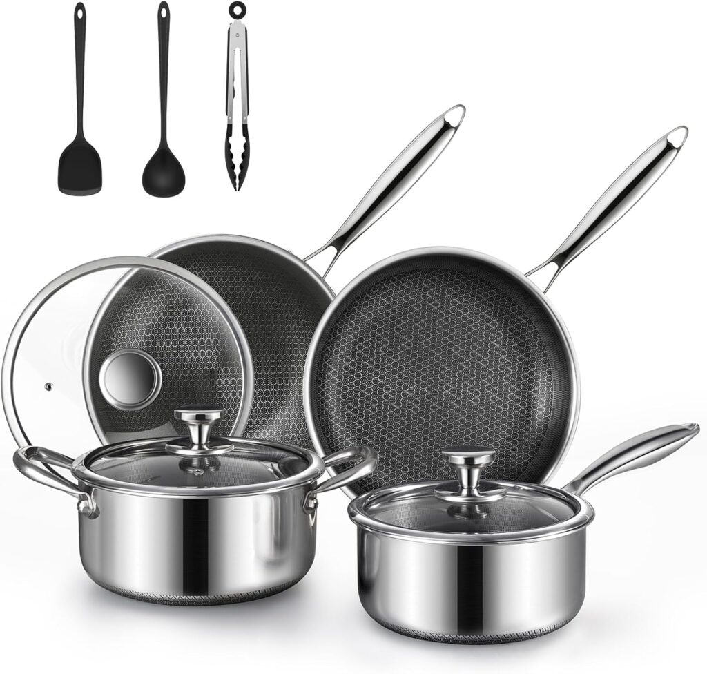 Non Stick Pots and Pan Set, 10 Pcs Hybrid Stainless Steel Cookware Set with Lids, Kitchen Skillet, Stock Pot, Nonstick Frying Pan, PFOA-free Kitchen Cooking Utensils,Induction,Dishwasher Safe