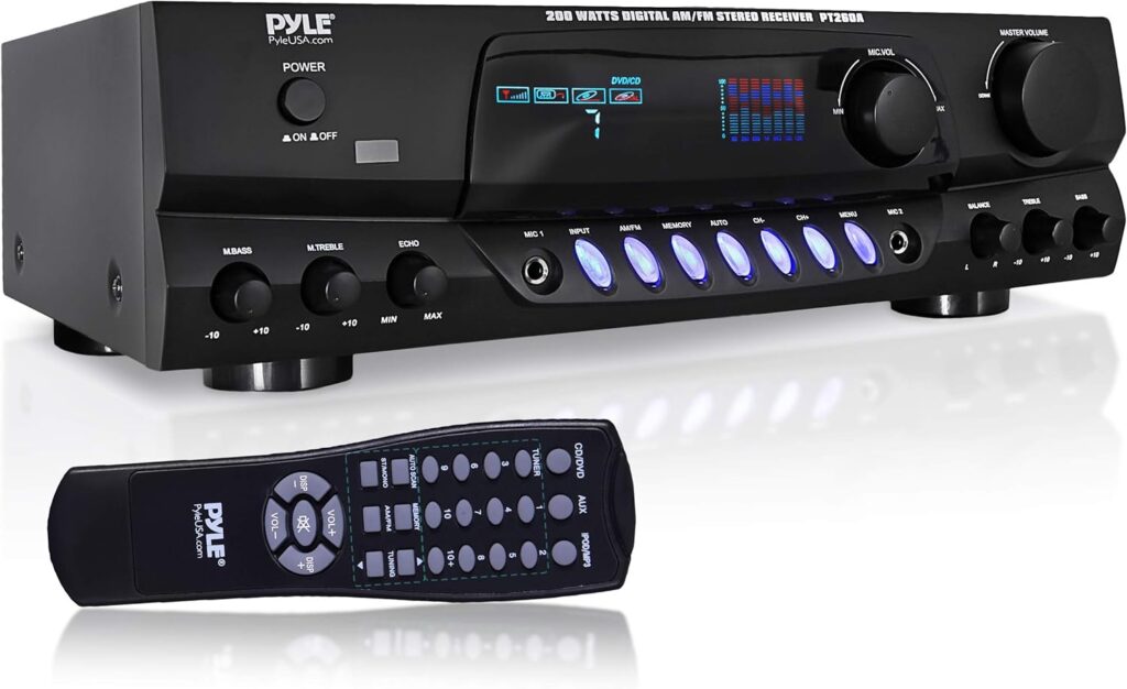Pyle 200W Home Audio Power Amplifier – Stereo Receiver w/AM FM Tuner, 2 Microphone Input w/Echo for Karaoke, Great Addition to Your Home Entertainment Speaker System – PT260A.5