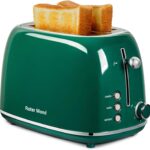 Roter Mond 2 Slice Toaster Retro Stainless Steel with Bagel, Cancel, and Defrost Functions, 6 Bread Shade Settings, Extra Wide Slots and Removable Crumb Tray, Green