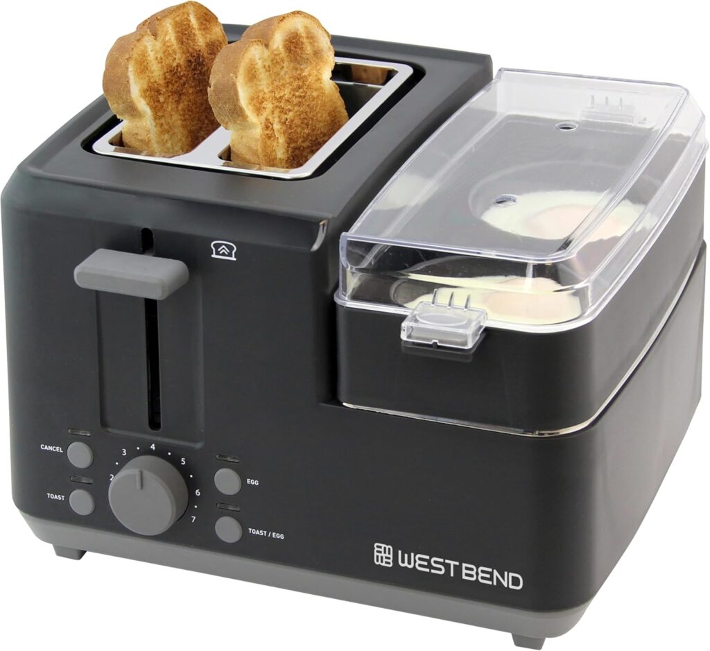 West Bend Breakfast Station 2-Slice Toaster and Egg Cooker/Poacher with Removable Pre-Cooked Meat and Vegetable Warming Tray for Perfect Breakfast Sandwiches, 1200-Watts, Black