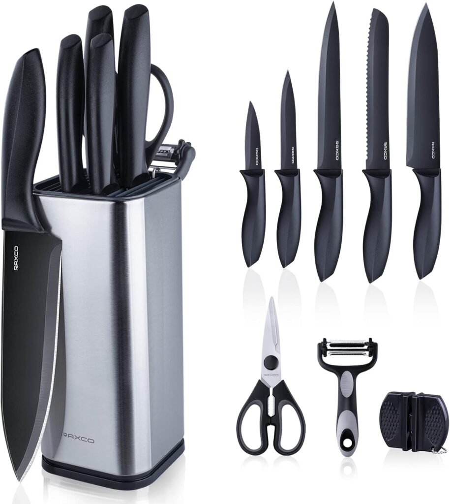 RAXCO Knife Set with Block,10-Piece Kitchen Knives Stainless Steel,Pro-sharpened for Cooking,Slicing,Mincing,Dicing,Black