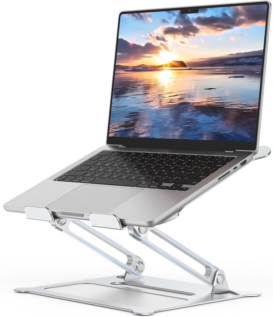 Aluminum Adjustable Laptop Stand, No Wobble Laptop Riser, Foldable Computer Notebook Stand Holder for 10-17″ Laptops, Lightweight & Sturdy, Silver/B