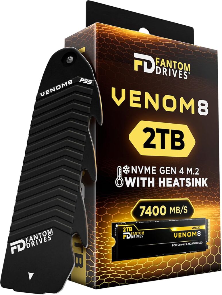Fantom Drives VENOM8 2TB NVMe Gen4 M.2 Internal SSD with Heatsink – Up to 7,400MB/s – Compatible w/ PlayStation 5 (PS5 SSD) Console Storage Expansion – 3D NAND TLC, DDR4 DRAM Cache (VM8X20-PS5)