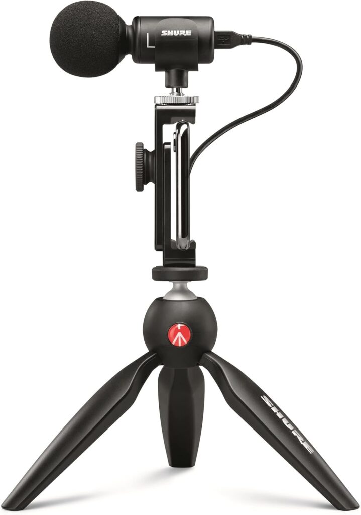 Shure MV88+ Video Kit – Digital Stereo Condenser Microphone for Apple and Android, with Manfrotto PIXI Tripod, Phone Clamp, Mount, iOS and USB-C Cables for Next-Level Compatibility and Connectivity