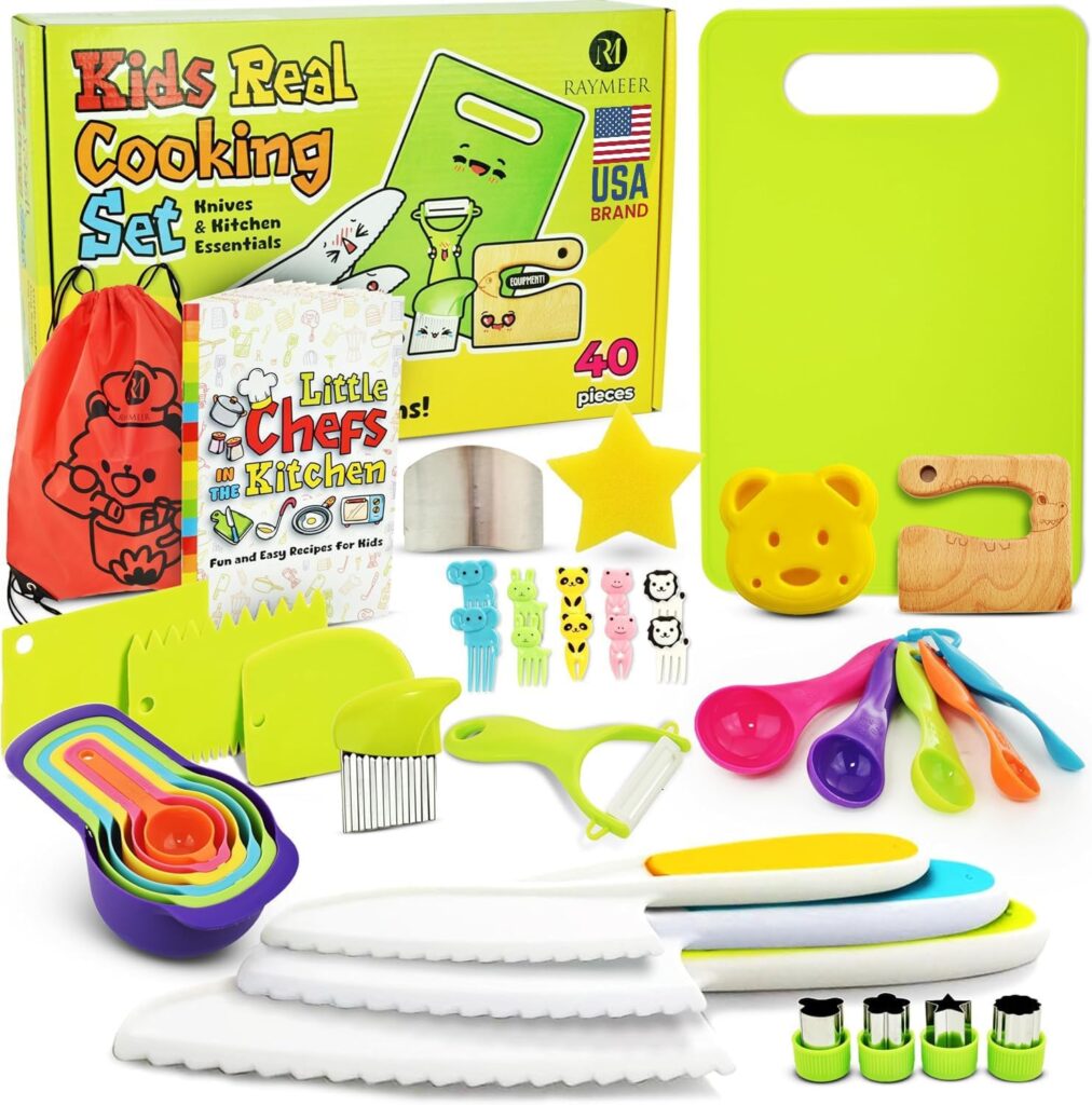 40Pcs Kids Knife set for Real Cooking – Montessori Kitchen Tools for Toddlers – Safe Kitchen Tools and Accessories with Recipes Book, Cutting Board and Knife set – Kids Knives and Cooking Utensils Kit